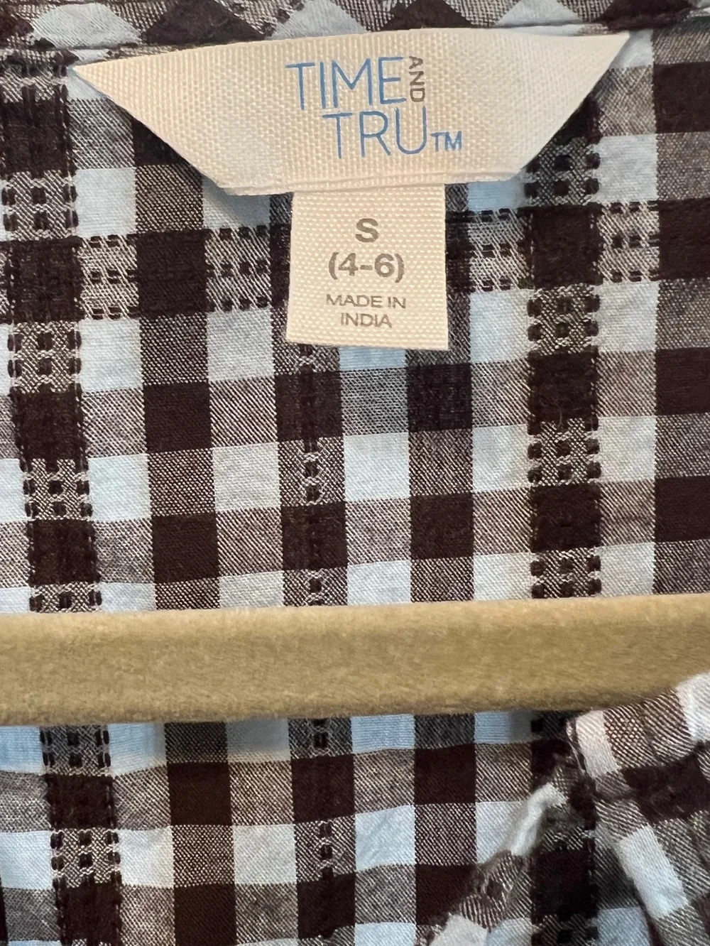 Time and Tru Gingham Peplum Tie Front Blouse Brown White Size S 4-6